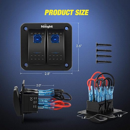 Nilight 90106B 2 Gang Rocker Switch Panel 5 Pin On Off Pre-Wired Rocker Switch Aluminum Panel Waterproof Switche Panel for 12V/24V Automotive Cars Marine Boats ATVs Trailers,2 Years Warranty , Blue