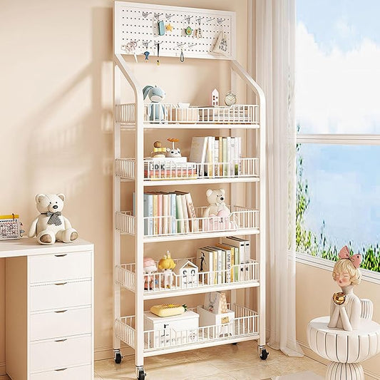 5-Tier Retail Display Rack, Metal Snack Display Stand with Wheels and Hooks, Multi-Functional Shelf, Easy to Assemble, Suitable Storage Rack for Home, Supermarket, Drugstore (5-Tier, White)