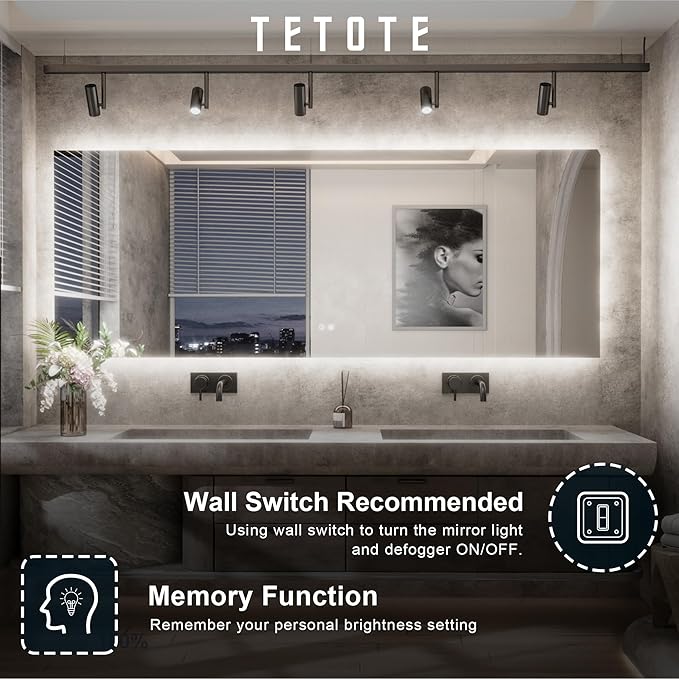 TETOTE 40 x 28 Inch LED Mirror Backlit Bathroom,Anti-Fog Mirror with Light,Dimmable,CRI90+,IP54 Water Proof,Wall Mounted Vanity Lighted,Horizontal/Vertical