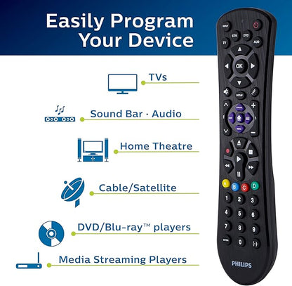 Philips Universal Remote Control for Samsung, Vizio, LG, Sony, Sharp, Roku, Apple TV, RCA, Panasonic, Smart TVs, Streaming Players, Blu-ray, DVD, Simple Setup, 4-Device, Black, SRP9243B/27