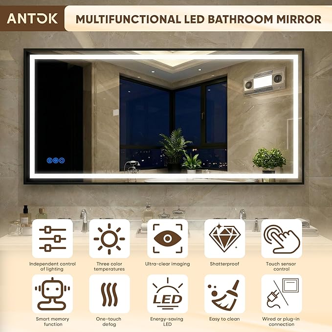 Antok 72X32 LED Bathroom Mirror with Lights, Vanity Mirror for Wall with Black Frame, Touch Control, Anti-Fog, Dimmable Lights, Shatter-Proof, Memory Function, Wall-Mounted Vanity Mirrors
