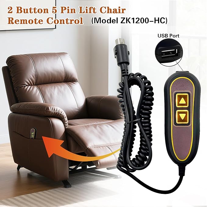 2 Button 5 Pin Remote ZK1200-HC Hand Control Replacement for Golden with USB and Backlight for Lift Chair Power Recliner