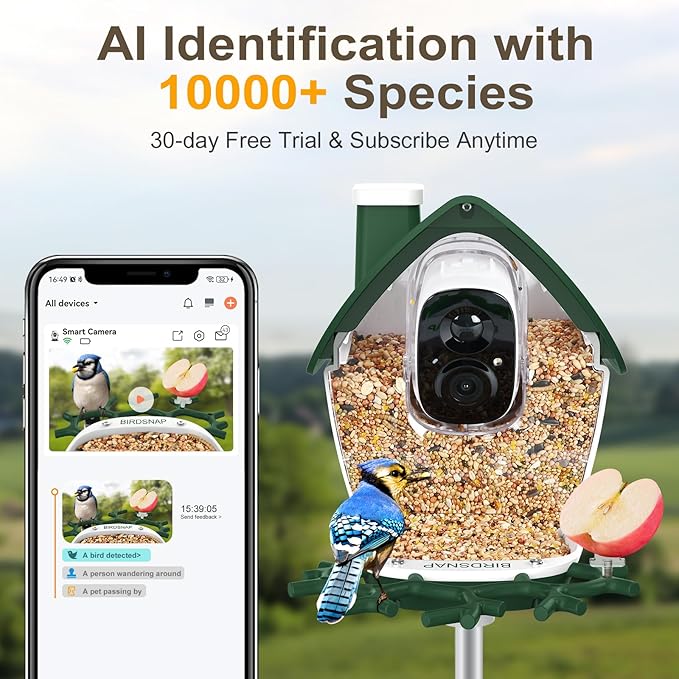 birdsnap® P33 - Smart Bird Feeder with Camera Solar Powered, 2K Video Bird Camera Feeder Live with 32GB Card, AI Identify Feather Species, Auto Record in Backyard, Ideal Gift for Birds Lover