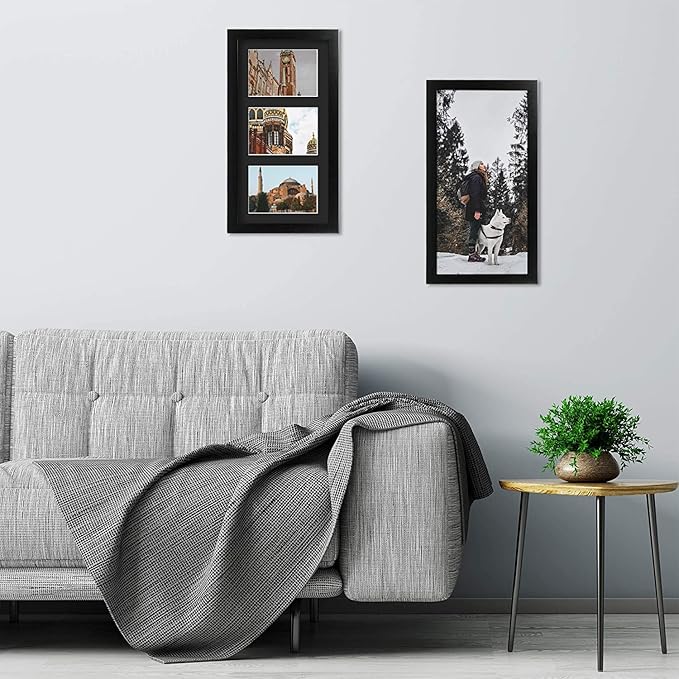 Golden State Art, Set of 10, 9x18 Black Wood Frame - Black Mat for Three 5x7 Pictures - Sawtooth Hangers- Swivel Tabs - Wall Mounting - Landscape/Portrait - Real Glass - Collage Frame