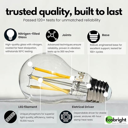 EcoBright 8PK Dimmable A19 LED Filament Bulb 40W Equivalent 5W E26 Base 450 Lumens CRI90 Flicker Free Clear Glass Energy Star Title 20 Warm White 2700K for Lamps Indoor Use