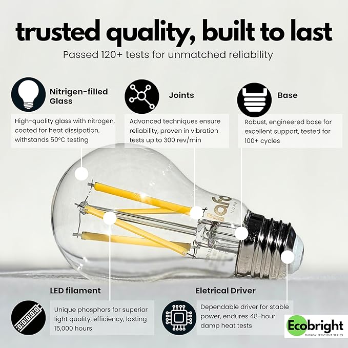 EcoBright 12PK Dimmable A19 LED Filament Bulb 40W Equivalent 5W E26 Base 450 Lumens CRI90 Flicker Free Clear Glass Energy Star Daylight 5000K for Lamps Ceiling Fixtures and Indoor Lighting