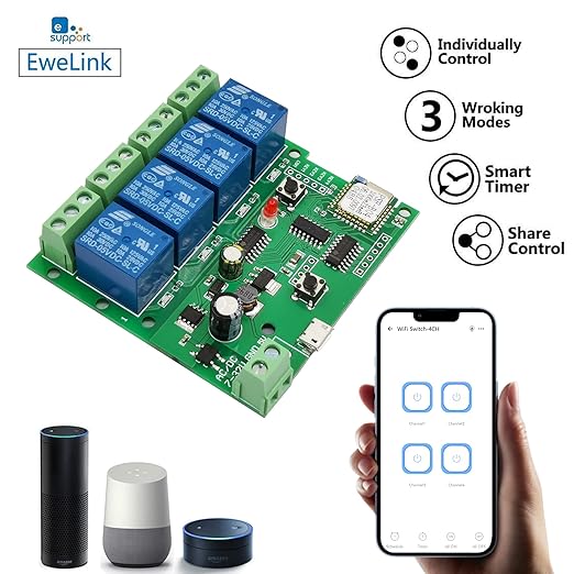 Jane Eyre 4 Channel WiFi instantaneous Jog Relay self-Locking Switch Module DIY Garage Door Switch Module Ewelink APP Control, Compatible with Alexa Goolge Assistant