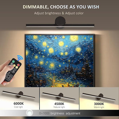 ZitoStory Battery Operated Picture Light with Remote,Wireless Dimmable Art Lights for Paintings Rechargeable Gallery Light Artwork Lighting for Canvas, Portrait (Black,15.35'' Inch)