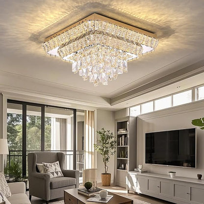 Elegant LED Gold Crystal Raindrop Ceiling Light,18 Inch Square Flush Mount Chandelier with Remote for Living Room Kitchen Island Bedroom Hallway Entryway Foyer (Dimmable)