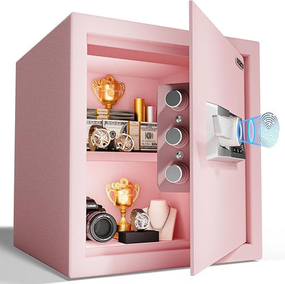 1.5 Cub Biometric Safe Box with Fireproof Bag, Quick-Access Fingerprint with Keys, Digital Keyboard, Type-C Port, Dual Alarm System Safety Box for Home, Office, Hotel Use(Pink)