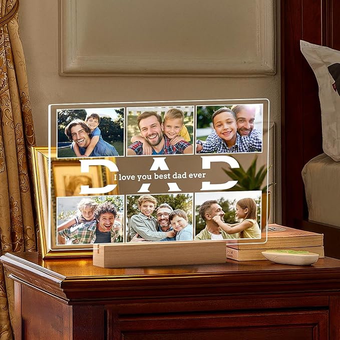 Personalized Gifts for Dad from Daughter and Son, Custom Picture Frames with Photos, Personalized Photo Frame with Night Light, Customized Birthday Gifts for Dad Baby Kid Family