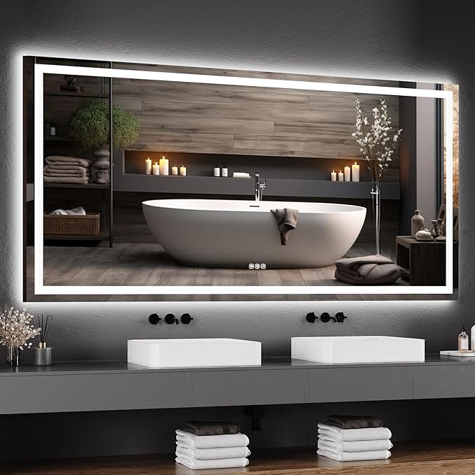 GarveeHome 60x30 LED Bathroom Mirror with Lights, Dimmable, Anti-Fog, Backlit + Front Lit, Lighted Bathroom Vanity Mirror for Wall, Memory Function, Tempered Glass, Shatter-Proof (Horizontal/Vertical)