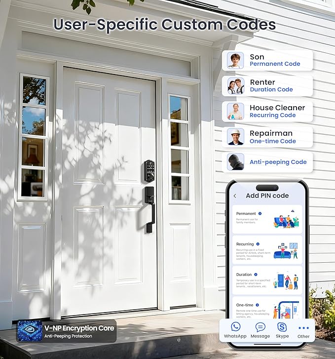 Veise VE017-D Fingerprint Smart Front Door Lock Set, App Control, 8-in-1 Keyless Entry Deadbolt with Lever Handle, Emergency Power Port, Auto Lock, Touchscreen Keypad, Easy Install, Matte Black
