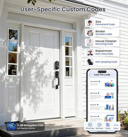 Veise VE017-D Fingerprint Smart Front Door Lock Set, App Control, 8-in-1 Keyless Entry Deadbolt with Lever Handle, Emergency Power Port, Auto Lock, Touchscreen Keypad, Easy Install, Matte Black