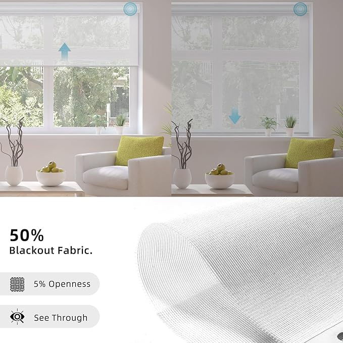 SmartWings Motorized Smart Blinds for Windows in Light Filtering, Electric Remote Roller Shades Compatible with Alexa/Google Home/Homekit, Custom Up to 110”W x 148”H, 5% Openness PVC Free White
