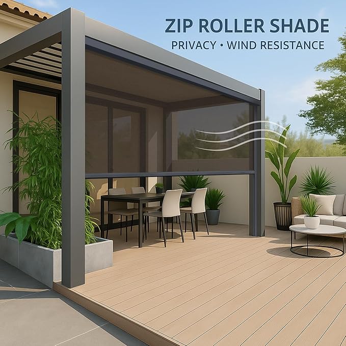 ZSHINE Hard-Wired Outdoor Snow Blocking Weatherproof Motorized Patio Roller Shades Remote Control for Porch Balcony Customized Size (30% Openness Coffee)