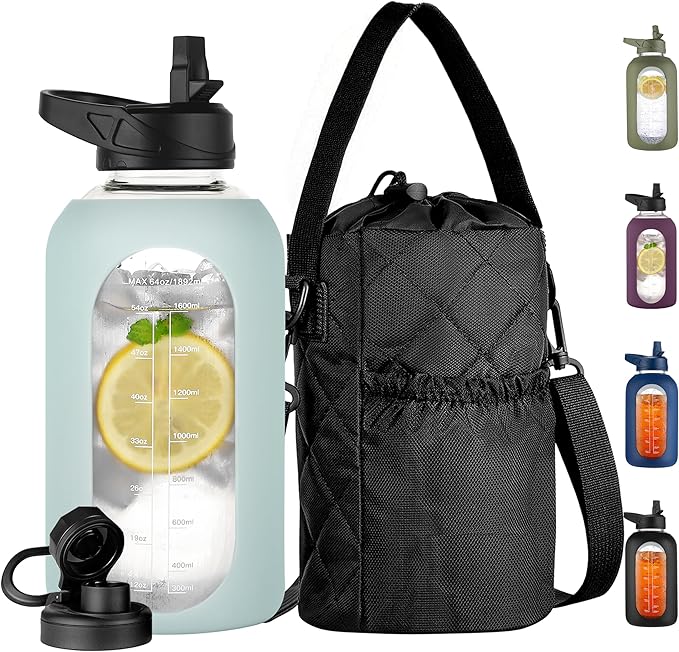 CIVAGO Half Gallon Glass Water Bottle with Straw and Insulated Bottle Holder Sling, 64 oz Motivational Water jug with Time Marker and Silicone Sleeve, Water Flask with 2 Lids, Sage