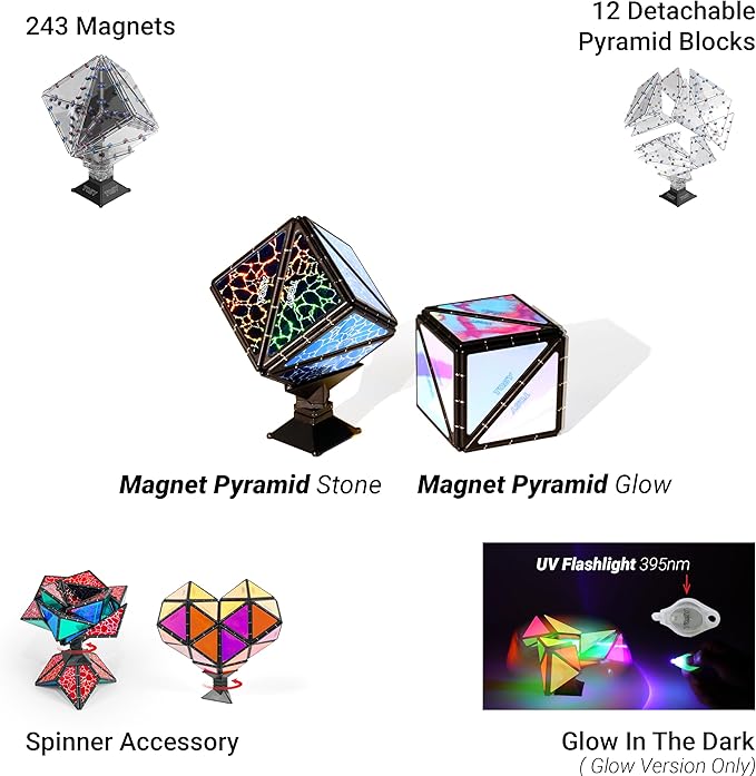 TOSY Magnet Pyramid Stone - 1 Cube Transforms into 1 Billion Shapes, 14 pcs (12 Puzzle pcs and 2 Spinners), 243 Magnets, Christmas Stocking Stuffers Gift for Kids, Creative Puzzle STEM Toy, 4-Pack