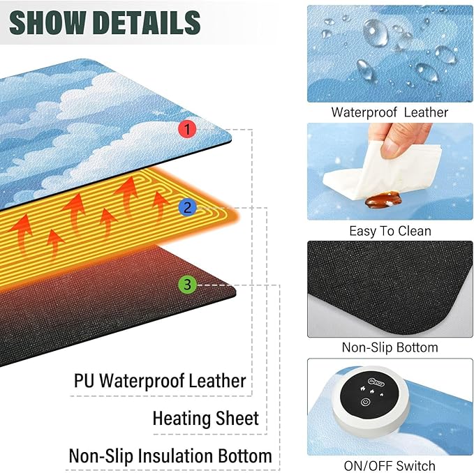 Heated Desk Pad Mouse Pad 31.5x13 Inch PU Leather Desk Mat with 3 Heat Levels Large Mouse Gaming Computer Laptop Mat Blue Gradient Cloud and Stars