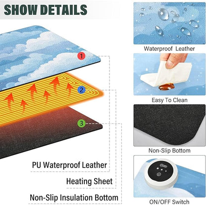 Heated Desk Pad Mouse Pad 31.5x13 Inch PU Leather Desk Mat with 3 Heat Levels Large Mouse Gaming Computer Laptop Mat Blue Gradient Cloud and Stars
