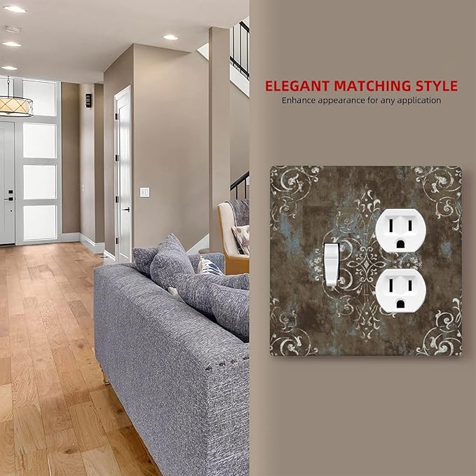 Decorative Outlet Covers Brown Vintage Abstract Floral 2 Gang Wall Plate Cover Single Toggle Duplex Combo Two Switch Light Switch Cover Plate Jumbo Dual GFCI Faceplate for Home Decor
