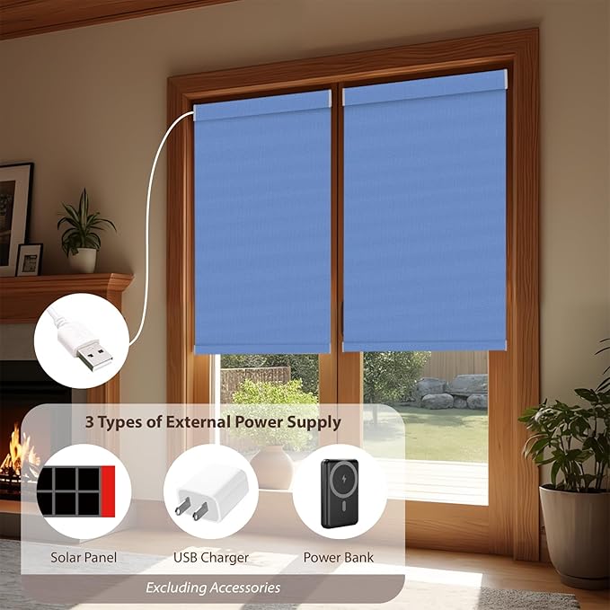 Motorized Roller Blinds with Remote, 100% Blackout Automatic Roller Shades for Bedroom, Bathroom, and Living Room, Customized Size, Deep Sky Blue