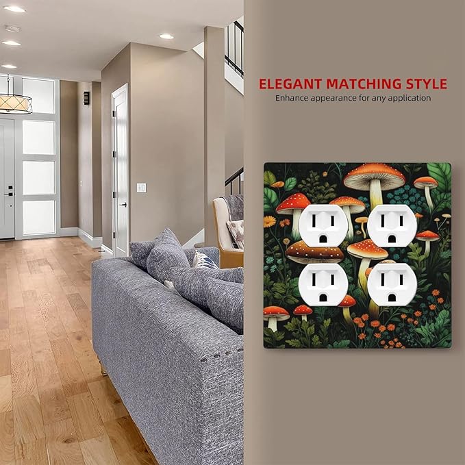 Decorative Outlet Covers Red Mushroom Flowers Green Leaf Plants 2 Gang Wall Plate Double Duplex Light Switch Cover Switch Plate Covers Faceplate for Bedroom Home Decor