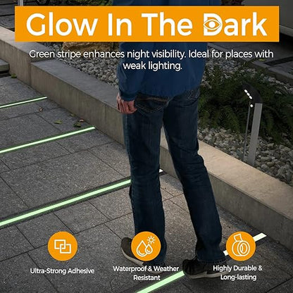 Anti Slip Traction Tape with Glow in Dark Green Stripe, 2 Inch x 16 Feet Waterproof Grip Tape, High Friction Abrasive Adhesive Non Slip Tape for Indoor and Outdoor Stairs, Black