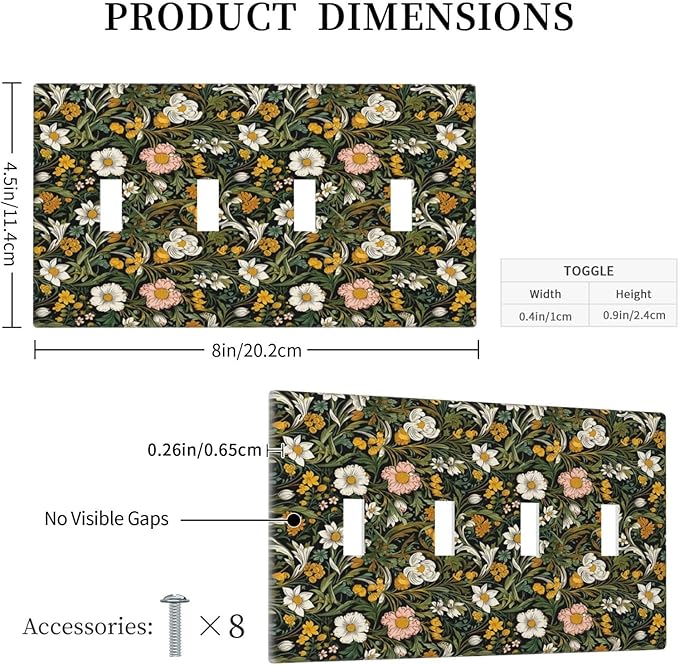 Decorative Light Switch Plate Covers Rustic Green Leaf White Daisy Yellow Floral 4 Gang Light Switch Cover Plate Quad Toggle Wall Plate Outlet Covers Faceplate for Bedroom Home Decor