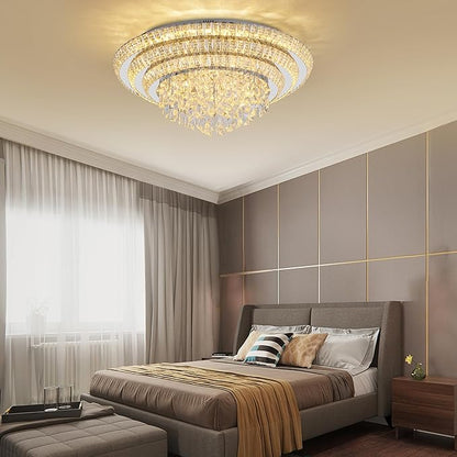 COCOSTAR 30 inch Flush Mount Crystal Chandeliers with Remote and APP, Modern Elegant LED Crystal Raindrop Ceiling Light Fixture, 3CCT Dimmable, for Living Room Kitchen Island Bedroom Entryway Foyer