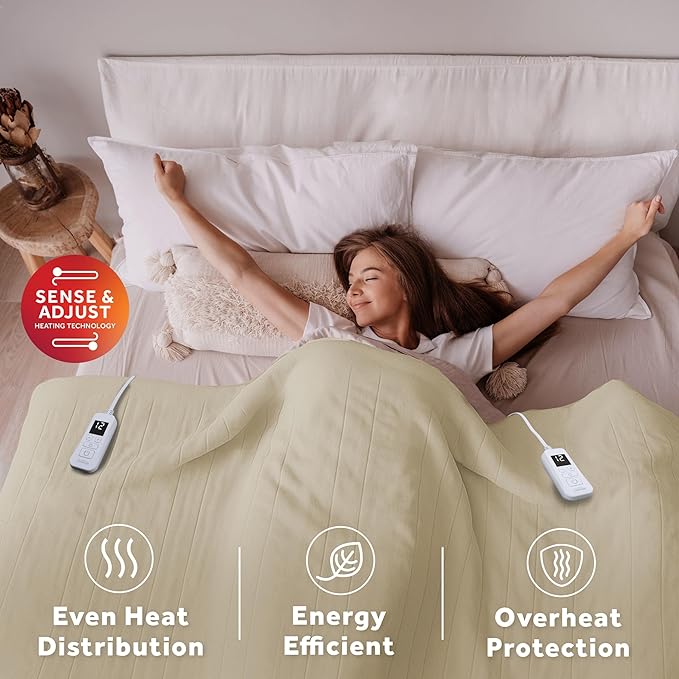 Sunbeam Royal Ultra Fleece Heated Electric Blanket King Size, 90" x 100", 12 Heat Settings, 12-Hour Auto Shut-Off, Machine Washable, Pebble Beige