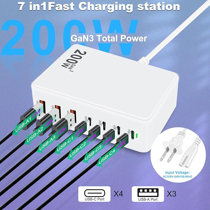 USB C Charger Block 200W 7 Port Fast Charging Station Hub, PD 45W Laptop Charger Brick Adapter Compatible with MacBook Pro/Air, iPad, DELL, Steam Deck, iPhone 17/16/15/14, Galaxy S23/22 (White)