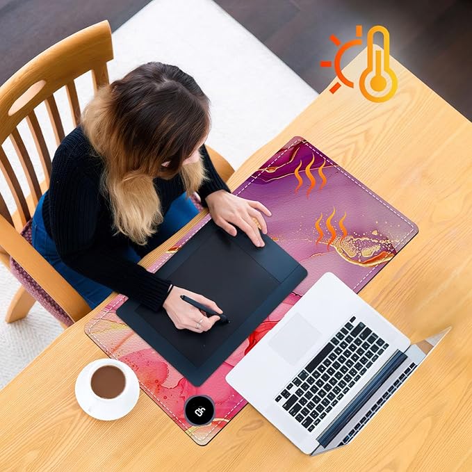 Heated Mouse Pad, Warm Desk Pad, Keyboard Mat 23.6 x 14 Inch Large Size Intelligent Fast Heating, 3 Speed Adjustable, Timed Auto Power Off for Game Office Home, Pink Marble