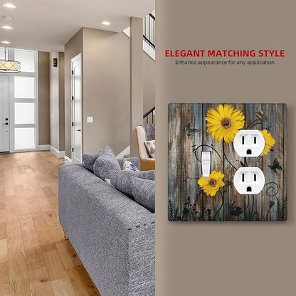 Rustic Barn Sunflower Wooden Daisy Flower Plank Wallplates 1 Toggle 1 Duplex Switch Plate Electrical GFCI Faceplate Decorative Light Switch Covers for Farmhouse Home Decor