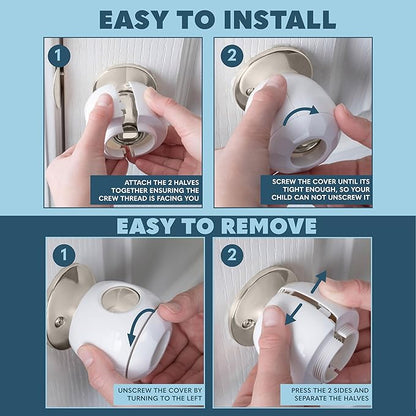Baby Proofing Door Knob Covers 4 Pack - Easy to Install Child Safety Locks for Doors, Durable & Reusable Child Proof Door Lock, Dual-Lock & Versatile Design, Fits Round Doorknobs, White