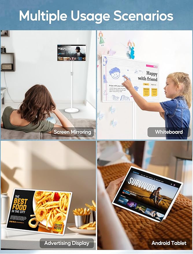 15.6" Digital Signage with 10000mAh Battery, Capacitive Touchscreen Advertising Display, Adjustable Stand, Android 11 Commercial LCD Monitor with Auto Play, Wireless Screen Mirroring, 8+128GB, White