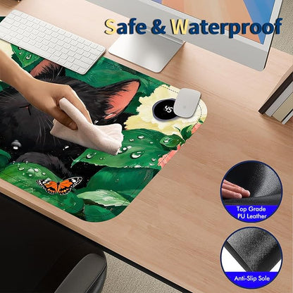 Heated Mouse Pad with 3 Temperature Settings(104°F–122°F),Large 24x14.2 Inch PU Leather Heated Desk Mat,Waterproof Warming Pad for Office,Gaming & Cold Hands Relief,Flower Black Cat Art