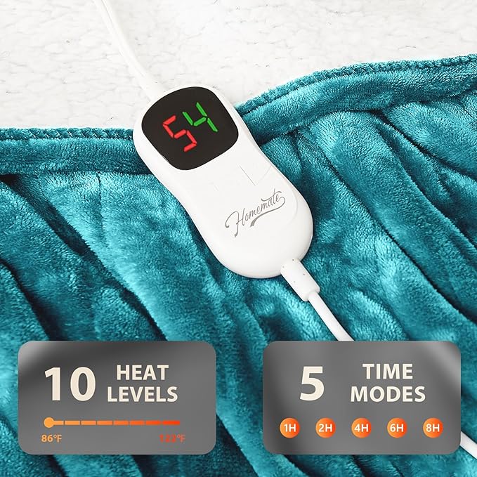 Homemate Electric Heated Blanket Twin - 62"x84" Heating Bed Blankets Throw with 10 Heating Levels 8 Hours Auto Off Fast Heating Over-Heated Protection Ultra Soft Warm Flannel ETL Certified