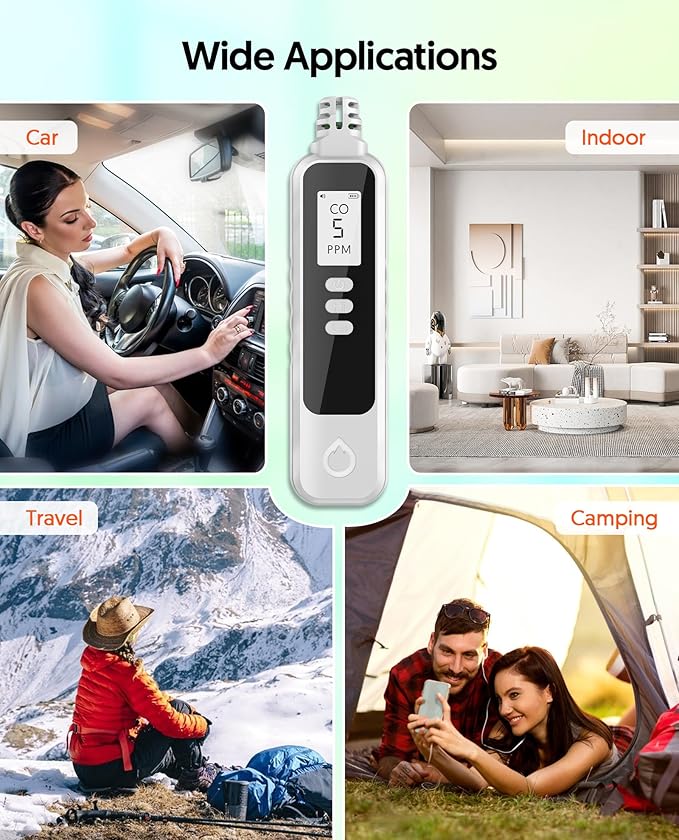 Carbon Monoxide Detectors Portable CO Detector Battery Powered, Handheld Carbon Monoxide Monitor Alarm Detector with LCD Display for Home/Outdoor/Travel (Batteries Included) (White)