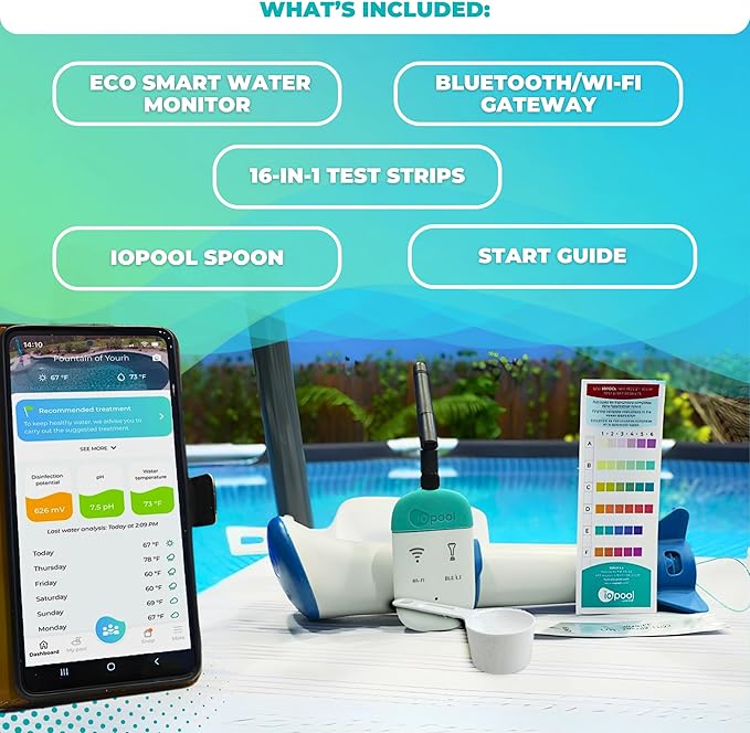 iopool Smart Water Monitor - Works for Saltwater, Chlorine & Bromine Pools, Hot Tubs, & Swim Spas - Gives Precise Dosage recommendations.