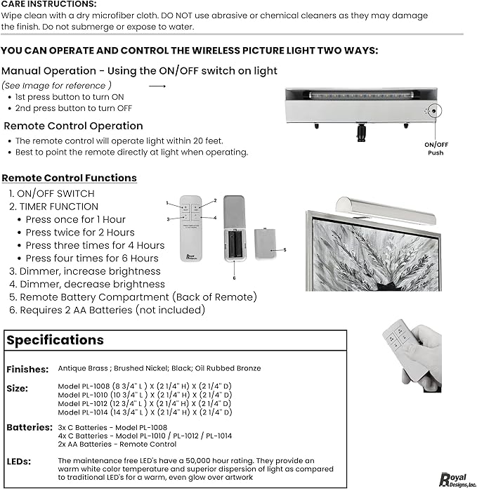 Royal Designs, Inc. Cordless Remote Control LED Picture Light, Dimmable with Timer Function, Brushed Nickel, 10.75 Inches