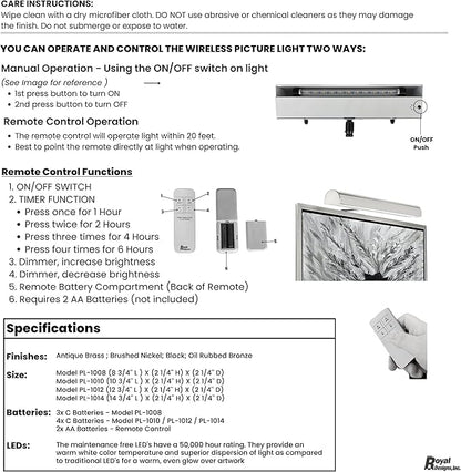 Royal Designs, Inc. Cordless Remote Control LED Picture Light, Dimmable with Timer Function, Brushed Nickel, 10.75 Inches