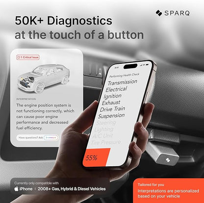 SPARQ AI OBD2 Scanner Diagnostic Tool Bluetooth Compatible with iPhone/iOS, Your Personal Car Mechanic, Track History & Recalls, Scan & Clear 50K+ Codes for Non EV Vehicles 2008+ No Subscription Fees