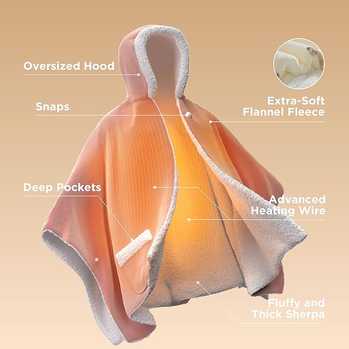 Bedsure Heated Blanket Wearable Shawl - Electric Wrap Poncho Blanket Hoodie for Adult, Winter Gifts for Mom Women Girlfriend, Warm Sherpa Heating Throw, Auto Shut Off, 55x64 inches, Printed Cat