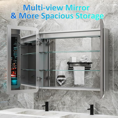 Medicine Cabinet with Lights, 36×32 Inch Bathroom Lighted Medicine Cabinet with Mirror, Defogger, Dimmer, LED Mirror Cabinet with RGB Backlit+3 Color Front Light, Wall Mounted