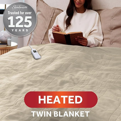 Sunbeam Royal Ultra Fleece Heated Electric Blanket Twin Size, 84" x 62", 12 Heat Settings, 12-Hour Selectable Auto Shut-Off, Fast Heating, Machine Washable, Warm and Cozy, Pebble