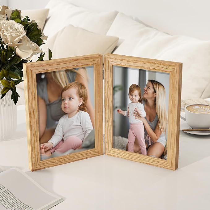 Axeman 5x7 Double Picture Frame - Solid Oak Wood Vertical Hinged 5x7 Photo Frame 2 Opening Folding Family Frames Collage With Real Glass for Tabletop Display, Hanging Hardware Included | Natural
