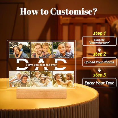 Personalized Gifts for Dad from Daughter and Son, Custom Picture Frames with Photos, Personalized Photo Frame with Night Light, Customized Birthday Gifts for Dad Baby Kid Family
