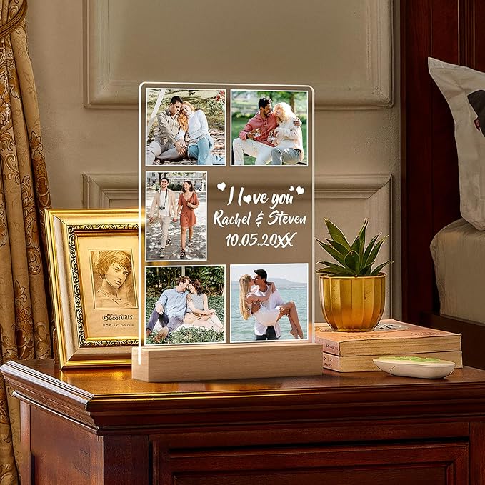 Custom Picture Frame with Photo, Customized Photo Frame with Night Light, Personalized Boyfriend Girlfriend Gifts for Couples, Personalized Anniversary Valentines Day Gifts for Women Men Her Him Wife