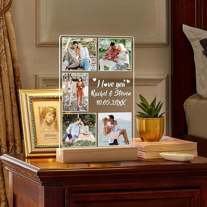 Custom Picture Frame with Photo, Customized Photo Frame with Night Light, Personalized Boyfriend Girlfriend Gifts for Couples, Personalized Anniversary Valentines Day Gifts for Women Men Her Him Wife